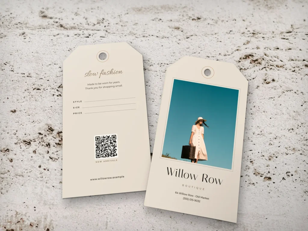 Die-cut business card template DC-06 for a shop: Willow Row, hang tag with a string hole, white dress and straw hat photo