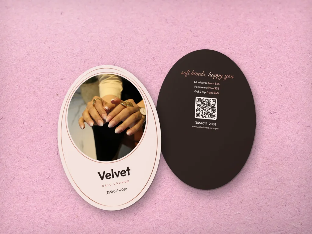 Die-cut business card template DC-07 for a nail salon: Velvet, oval cameo shape, ombre nails photo in a rose gold frame