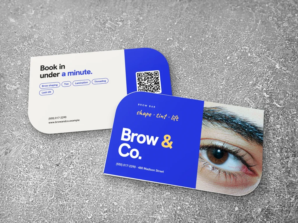 Die-cut business card template DC-08 for a lash and brow studio: Brow & Co., two opposite rounded corners, electric blue, big type, brow photo