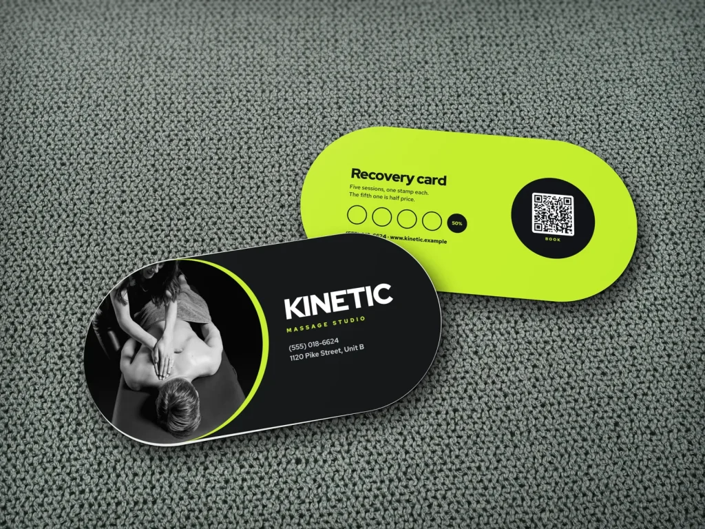 Die-cut business card template DC-09 for a spa: Kinetic, pill shape in black and lime with a black and white massage photo