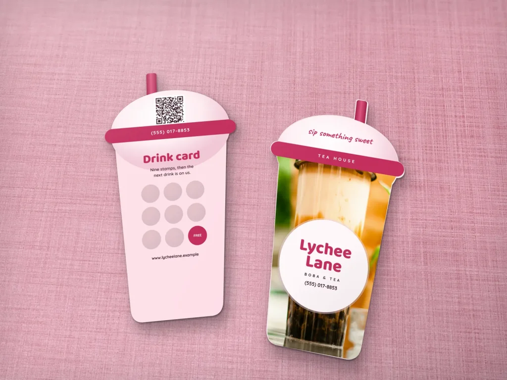 Die-cut business card template DC-10 for a restaurant: Lychee Lane, boba cup with a dome lid and straw, brown sugar milk tea photo