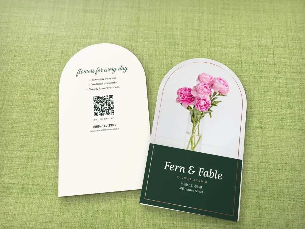 Die-cut business card template DC-12 for a shop: Fern & Fable, arch window shape, peonies photo, rose foil outline