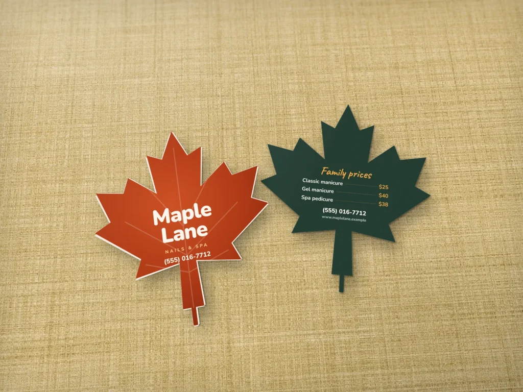 Die-cut business card template DC-13 for a nail salon: Maple Lane, maple leaf in rust with tone-on-tone veins