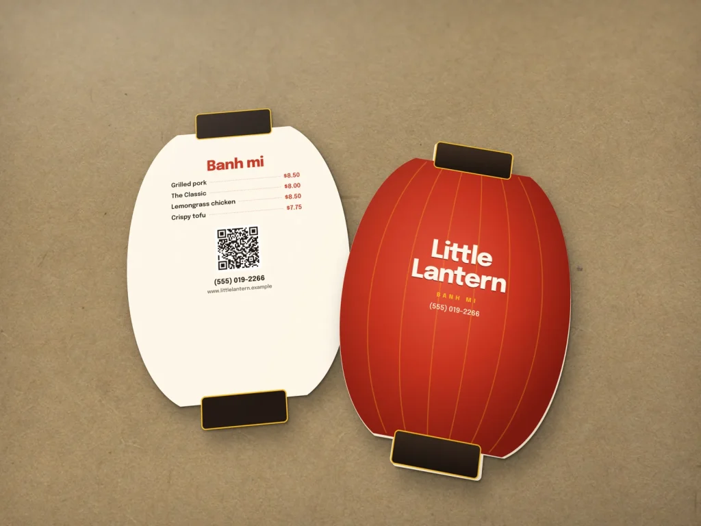 Die-cut business card template DC-14 for a restaurant: Little Lantern, red lantern shape with gold ribs and dark caps