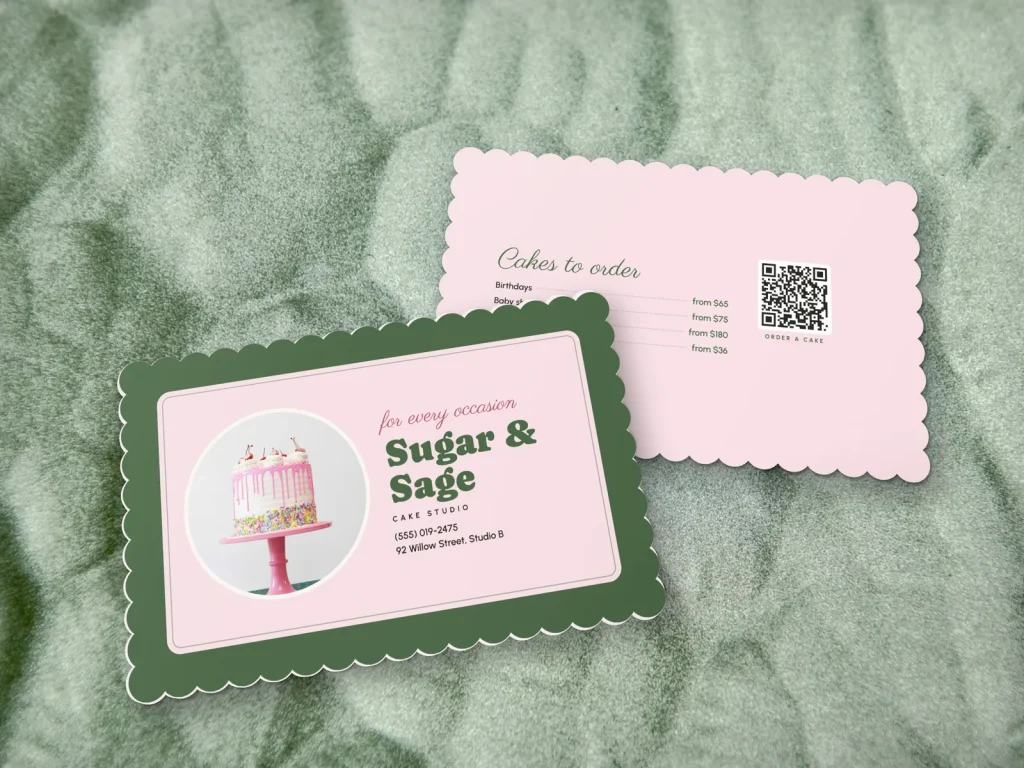 Die-cut business card template DC-19 for a bakery or café: Sugar & Sage, scalloped label, pink inside a sage frame, cake photo