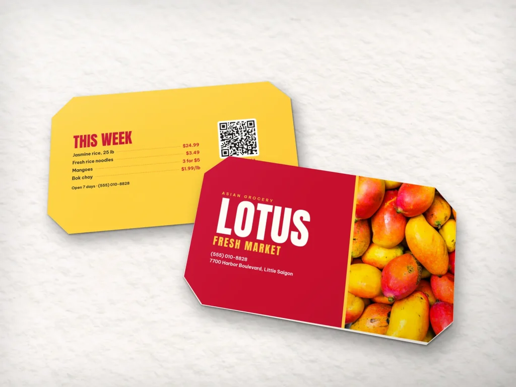 Die-cut business card template DC-20 for a shop: Lotus, cut-corner card in red and yellow with a mango photo