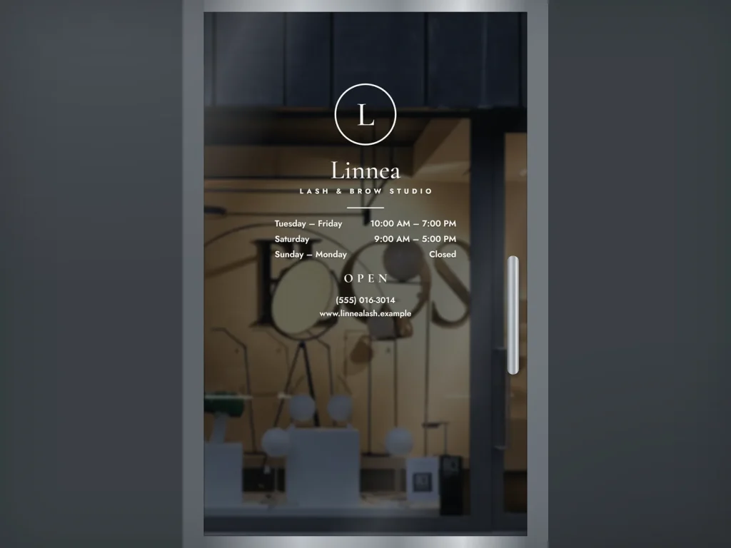 Door decal template DD-03 for a lash and brow studio: Linnea, white vinyl with a fine serif