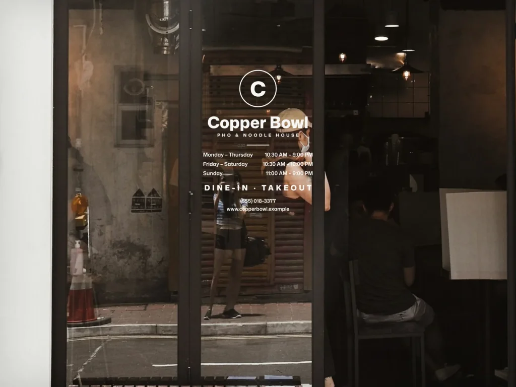 Door decal template DD-04 for a restaurant: Copper Bowl, white restaurant vinyl, dine-in and takeout