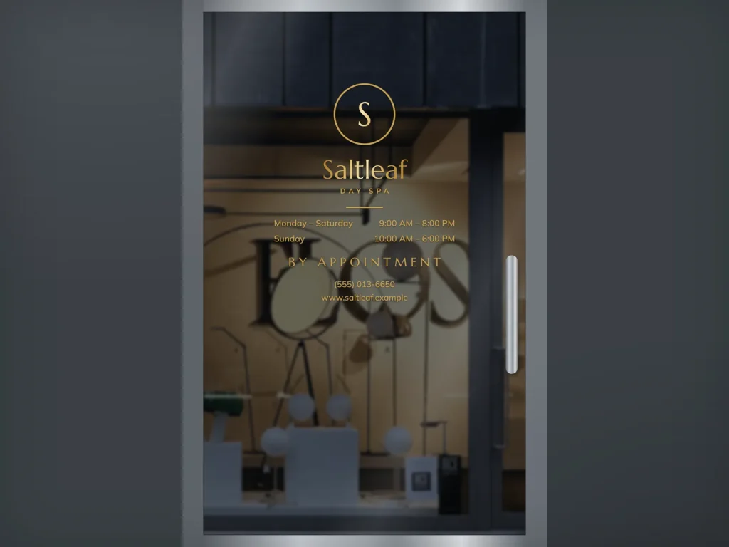 Door decal template DD-05 for a spa: Saltleaf, gold vinyl with spa hours