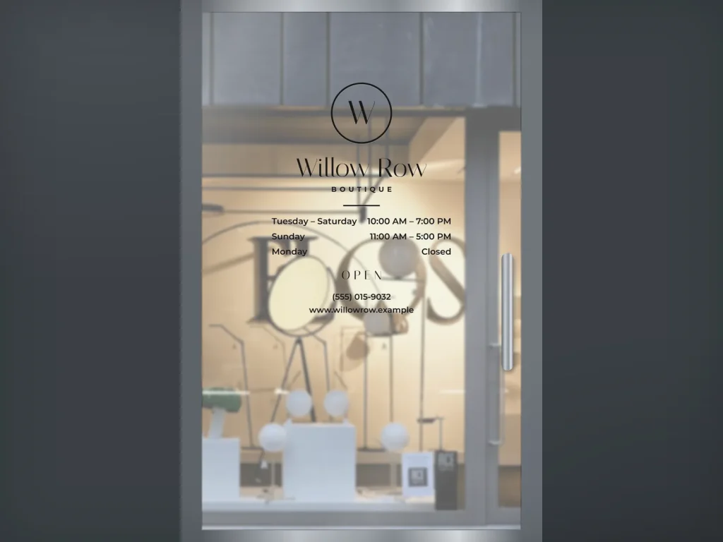 Door decal template DD-06 for a shop: Willow Row, black vinyl on clear glass