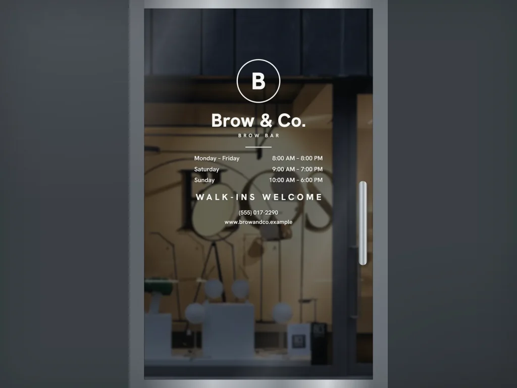 Door decal template DD-08 for a lash and brow studio: Brow & Co., bold white vinyl, walk-ins welcome