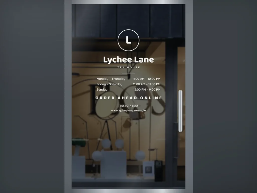 Door decal template DD-10 for a restaurant: Lychee Lane, white tea house vinyl