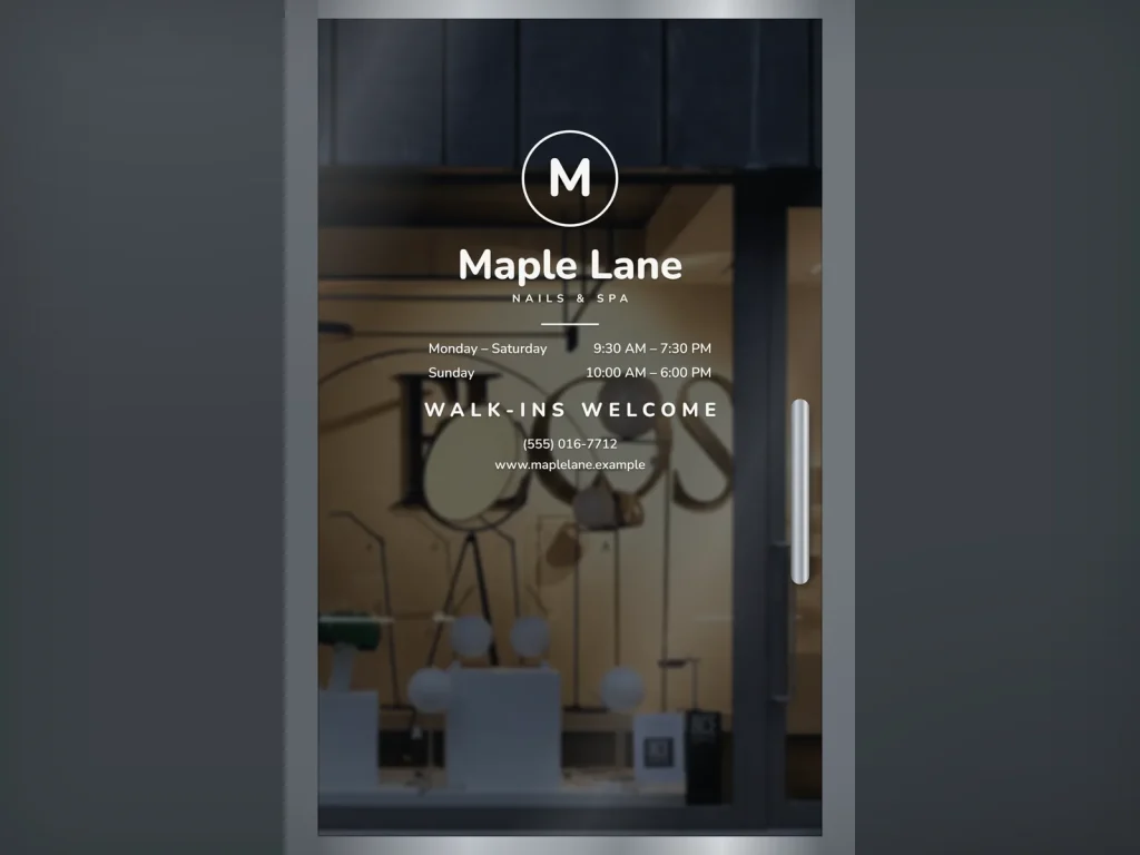 Door decal template DD-16 for a nail salon: Maple Lane, white family nail salon vinyl