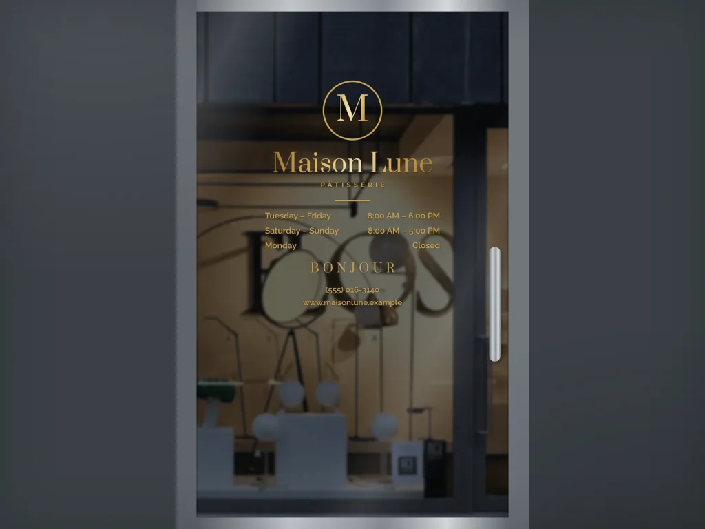 Door decal template DD-19 for a bakery or café: Maison Lune, gold French bakery vinyl