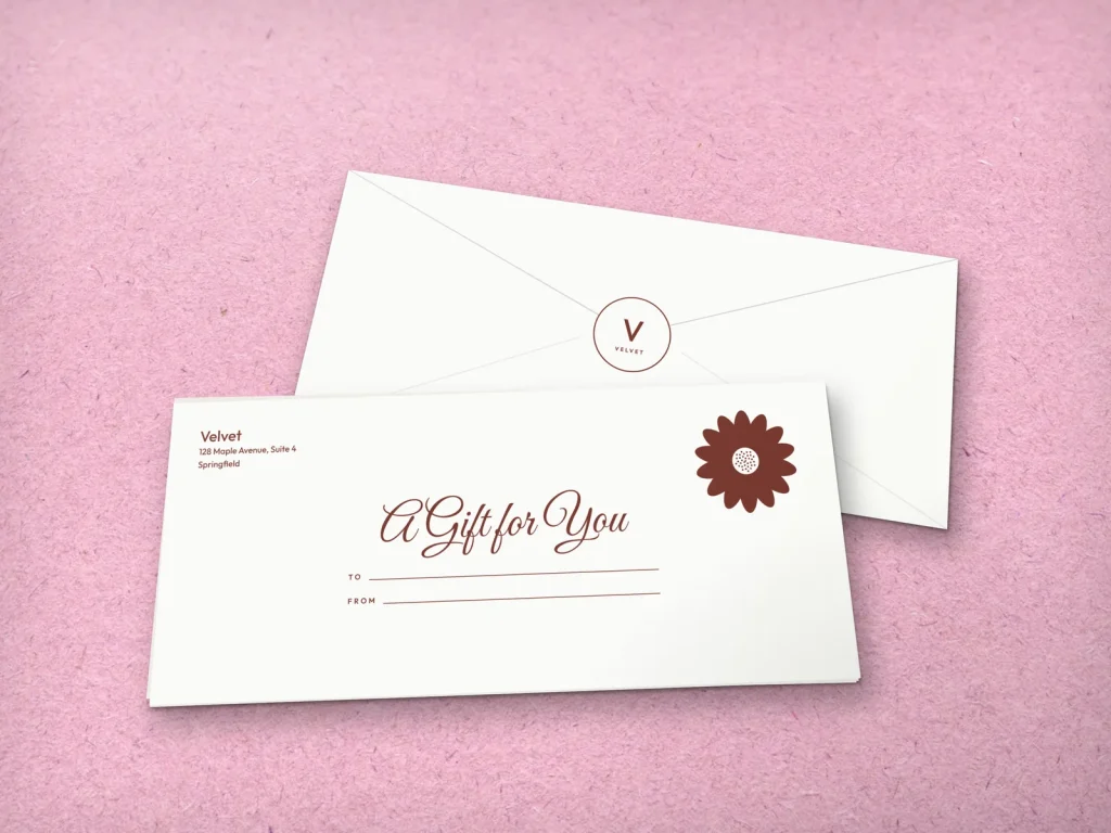 Mẫu phong bì gift in 1 màu E1-01 cho tiệm nail: Velvet, mực nâu hồng, hoa cúc vẽ nét