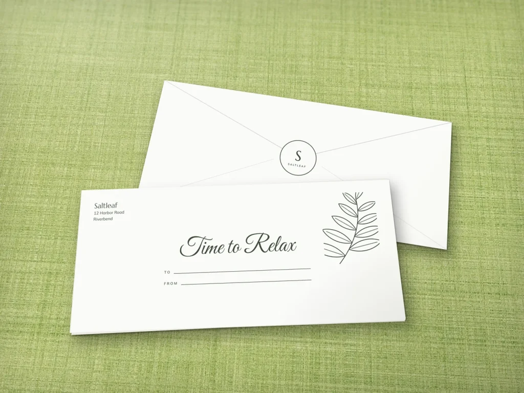 Mẫu phong bì gift in 1 màu E1-03 cho spa: Saltleaf, mực xanh xô thơm, nhành lá