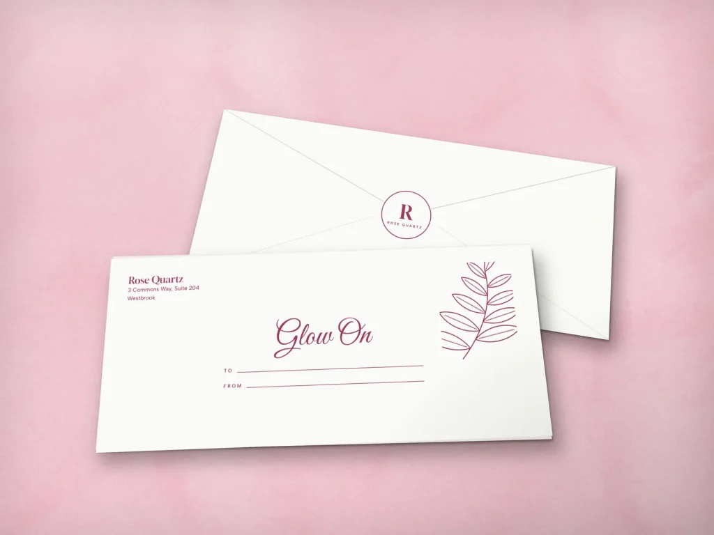 Mẫu phong bì gift in 1 màu E1-09 cho spa: Rose Quartz, mực đỏ mọng, nhành lá