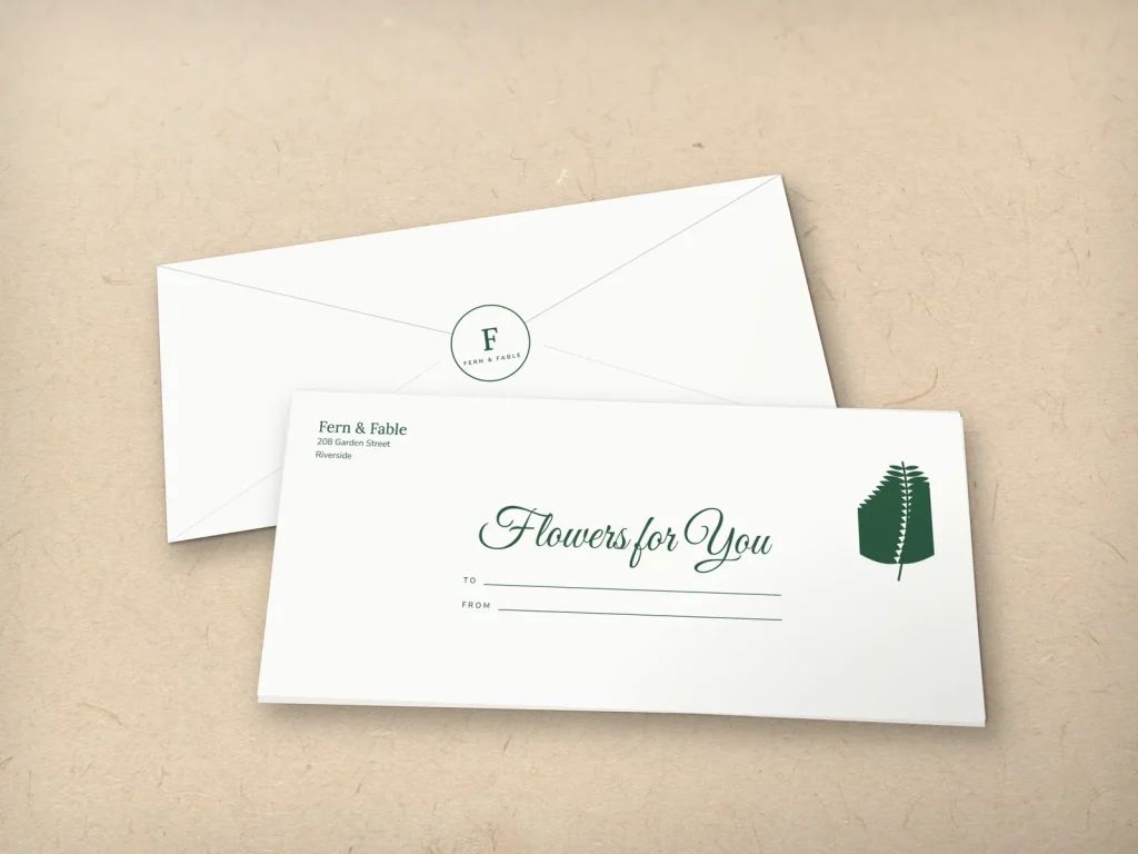 Mẫu phong bì gift in 1 màu E1-12 cho cửa hàng: Fern & Fable, mực xanh rừng, nhành dương xỉ