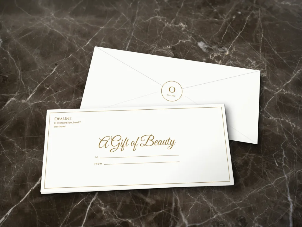 Mẫu phong bì gift in 1 màu E1-13 cho tiệm nail: Opaline, mực vàng đồng, khung viền mảnh