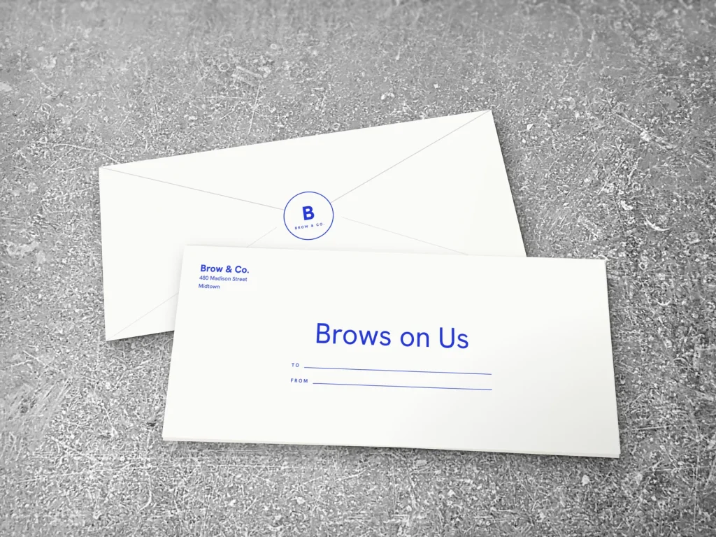 Mẫu phong bì gift in 1 màu E1-14 cho tiệm lash và PMU: Brow & Co., mực xanh dương, chữ đậm