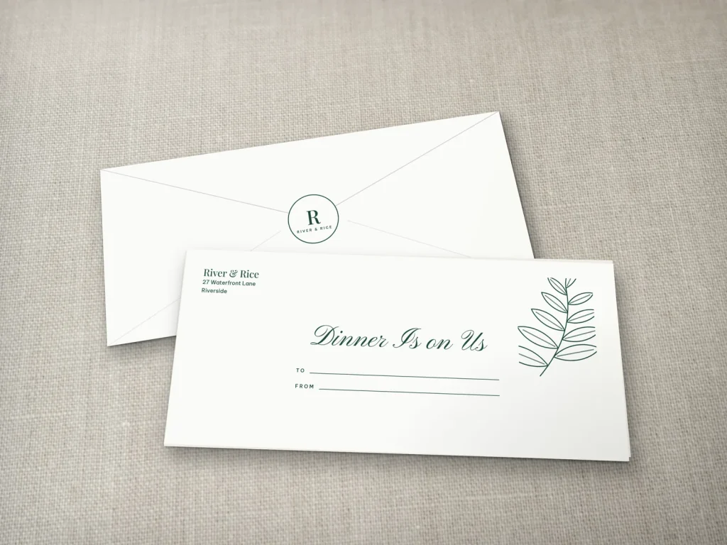 Mẫu phong bì gift in 1 màu E1-16 cho nhà hàng: River & Rice, mực xanh rêu, nhành lá