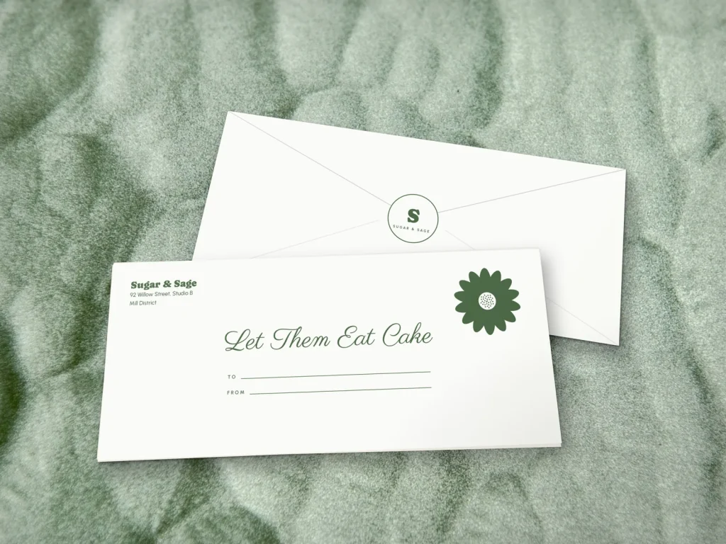 Mẫu phong bì gift in 1 màu E1-17 cho tiệm bánh và café: Sugar & Sage, mực xanh xô thơm, hoa cúc