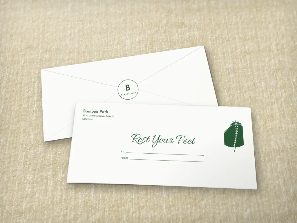Mẫu phong bì gift in 1 màu E1-18 cho spa: Bamboo Path, mực xanh tre, lá dương xỉ