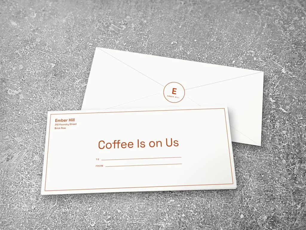 Mẫu phong bì gift in 1 màu E1-19 cho tiệm bánh và café: Ember Hill, mực cam đậm, khung viền