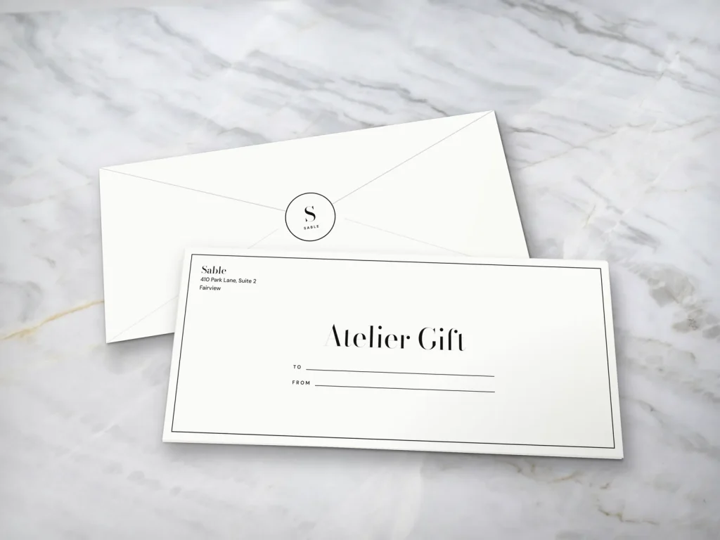Mẫu phong bì gift in 1 màu E1-20 cho tiệm nail: Sable, mực đen, chữ Bodoni