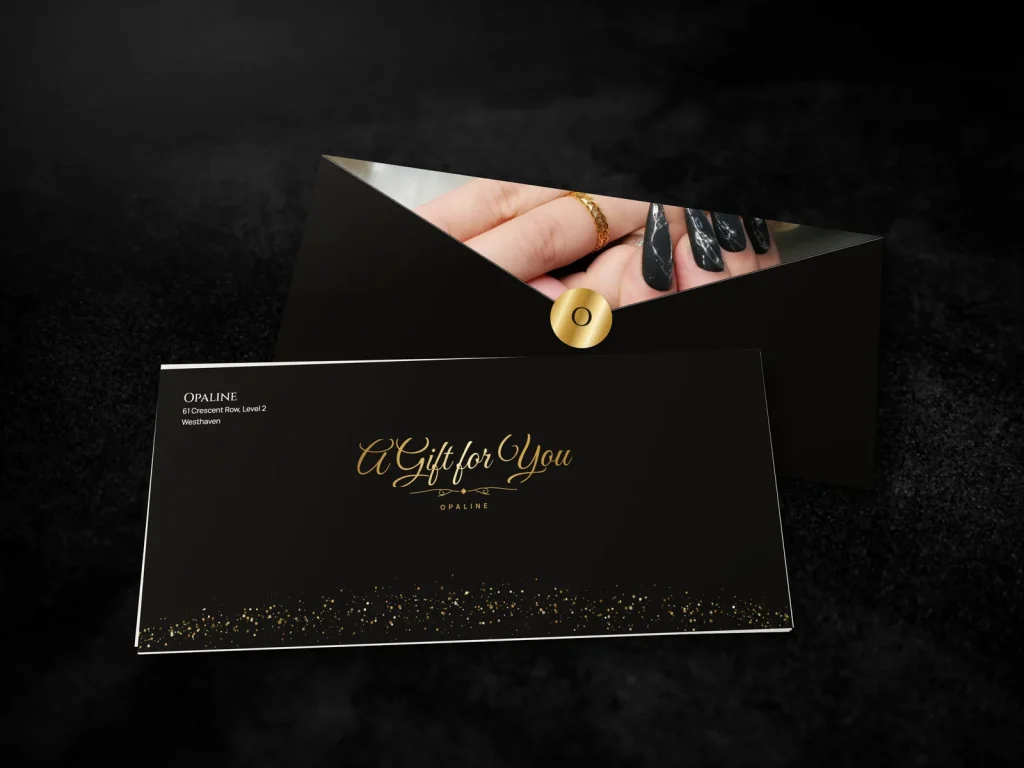 Full-color gift envelope template E4-01 for a nail salon: Opaline, black with gold glitter and foil script