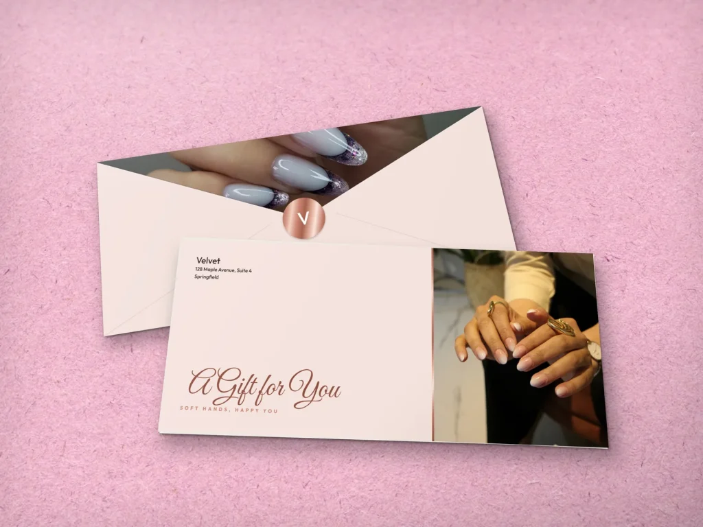 Full-color gift envelope template E4-02 for a nail salon: Velvet, blush with an ombre nails photo on the right