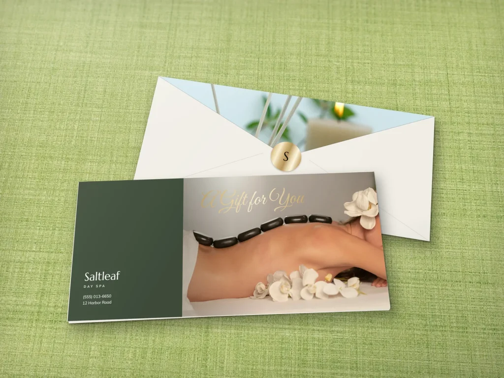 Full-color gift envelope template E4-03 for a spa: Saltleaf, sage block with a hot stones photo
