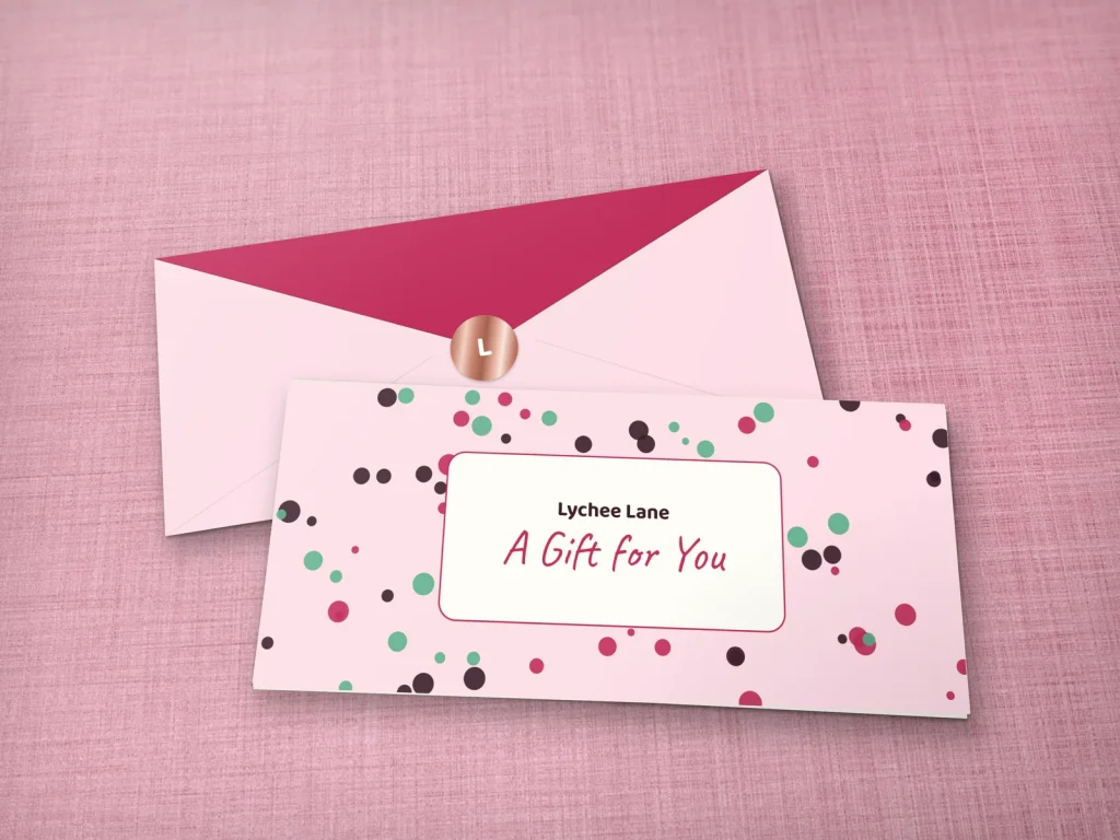 Full-color gift envelope template E4-04 for a restaurant: Lychee Lane, lychee pink with pearl-like dots
