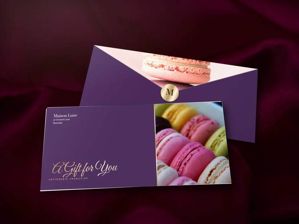 Full-color gift envelope template E4-05 for a bakery or café: Maison Lune, plum with a macaron box photo