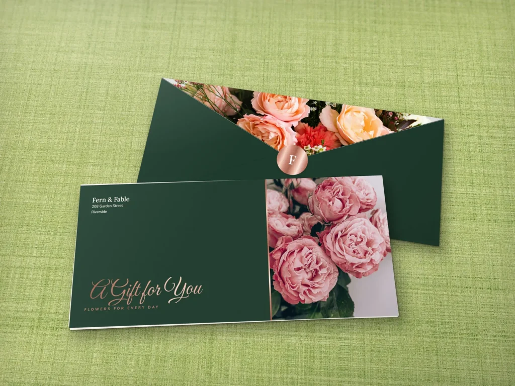 Full-color gift envelope template E4-07 for a shop: Fern & Fable, forest green with a garden roses photo