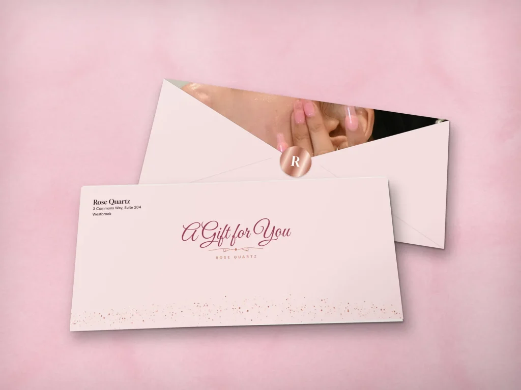 Full-color gift envelope template E4-09 for a spa: Rose Quartz, rose quartz with rose gold glitter