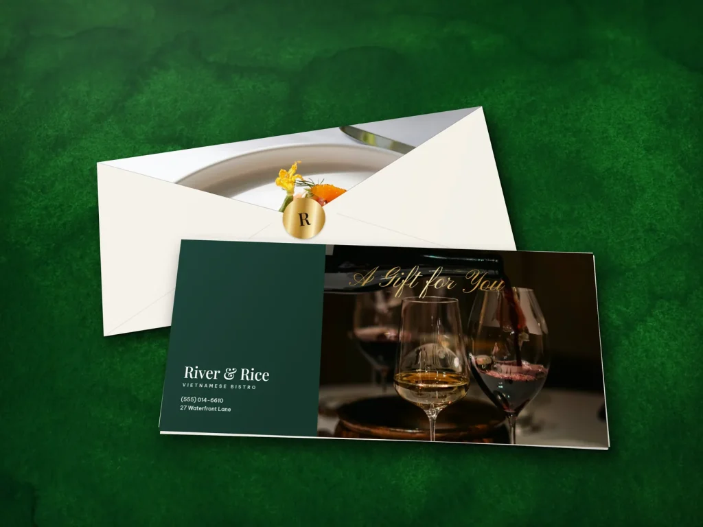 Full-color gift envelope template E4-10 for a restaurant: River & Rice, forest block with a wine pour photo