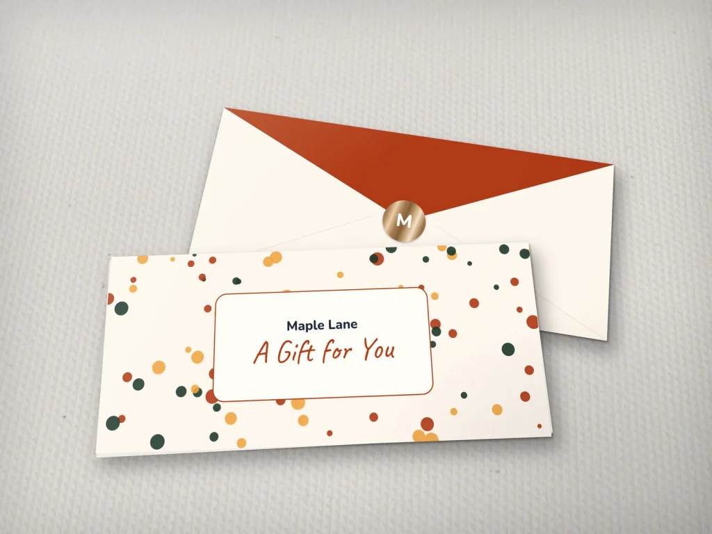 Full-color gift envelope template E4-11 for a nail salon: Maple Lane, cream with rust, amber and green dots