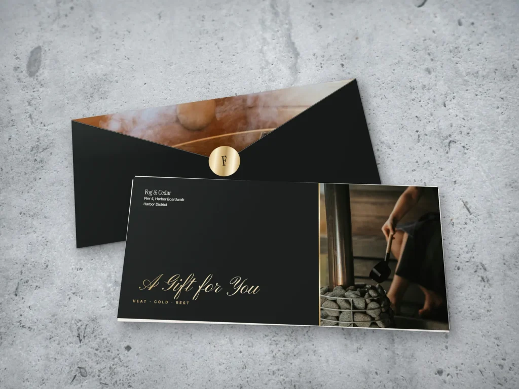 Full-color gift envelope template E4-12 for a spa: Fog & Cedar, charcoal with water poured on hot stones
