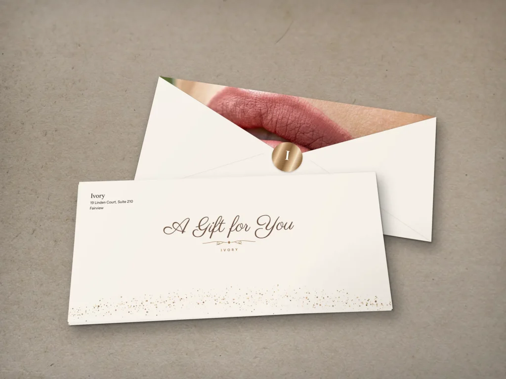 Full-color gift envelope template E4-13 for a lash and brow studio: Ivory, ivory with bronze glitter