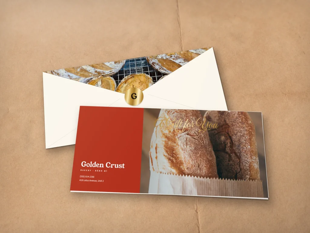 Full-color gift envelope template E4-14 for a bakery or café: Golden Crust, brick red block with a paper bread bag