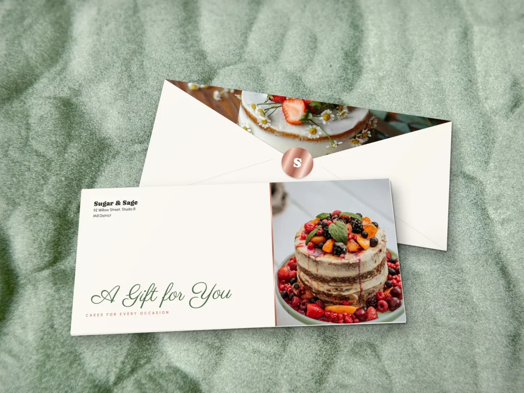 Full-color gift envelope template E4-15 for a bakery or café: Sugar & Sage, cream with a berry cake photo