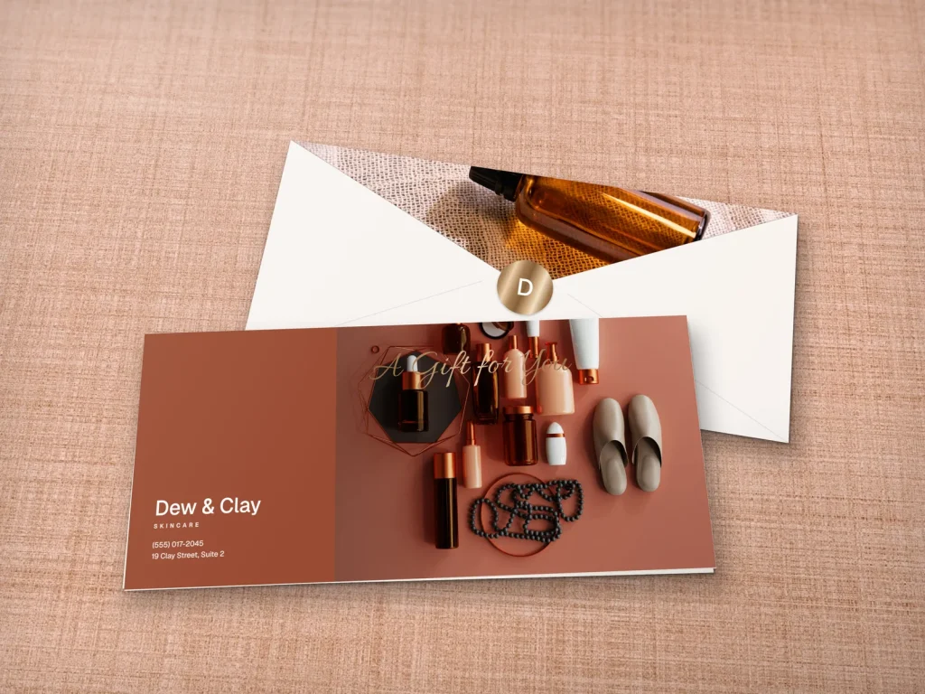 Full-color gift envelope template E4-19 for a shop: Dew & Clay, clay block with amber bottles