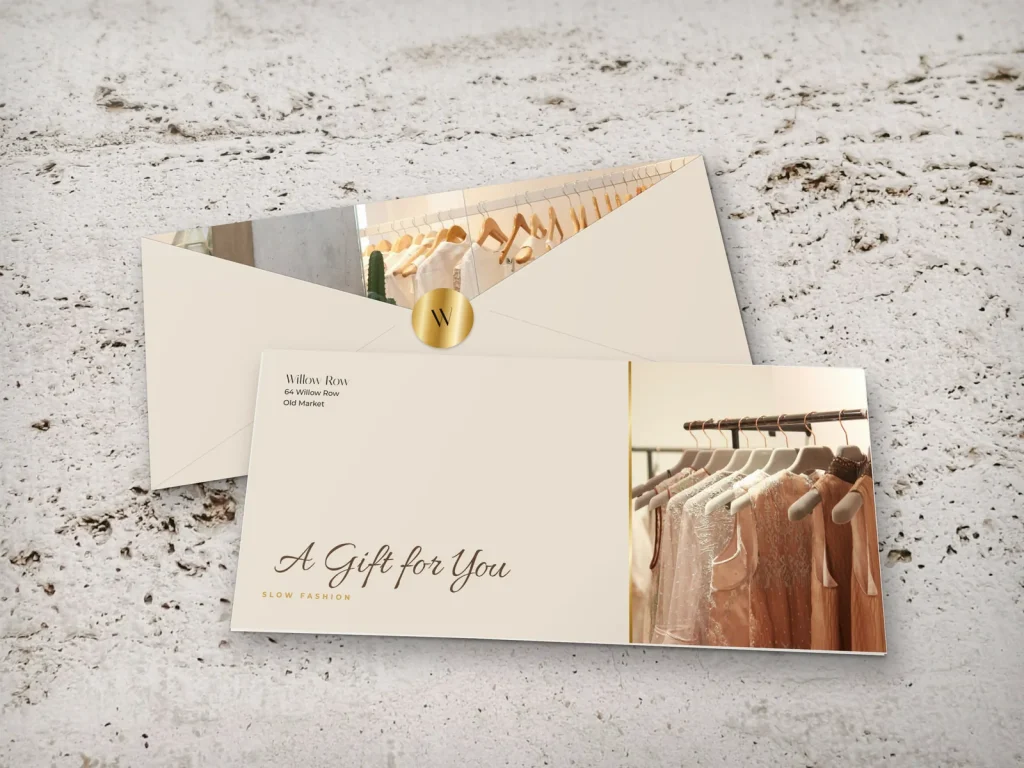 Full-color gift envelope template E4-20 for a shop: Willow Row, sand with a rail of blush dresses