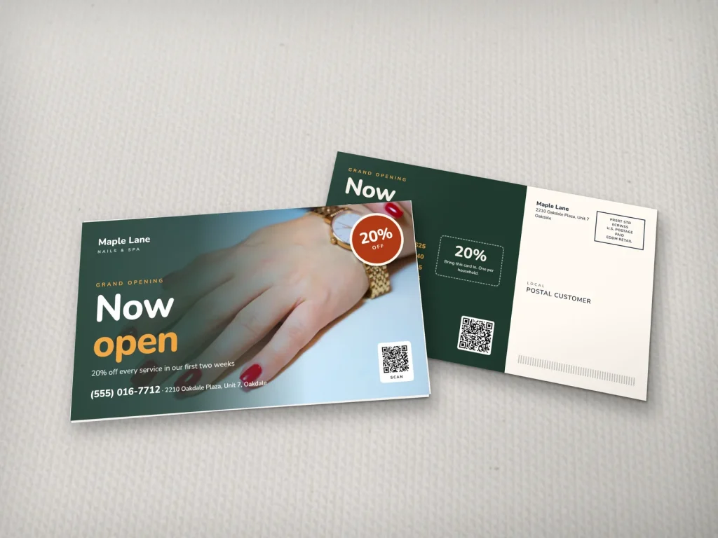 EDDM mailer template ED-01 for a nail salon: Maple Lane, red manicure with a gold watch for a grand opening