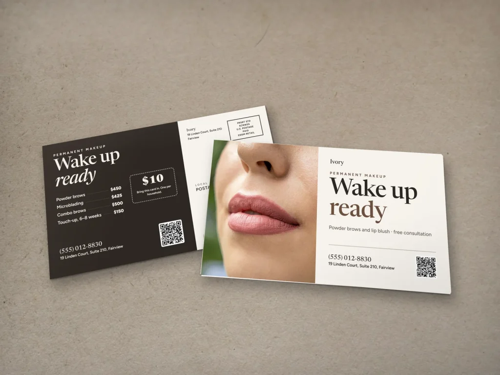 EDDM mailer template ED-02 for a lash and brow studio: Ivory, lip blush photo with a free consultation