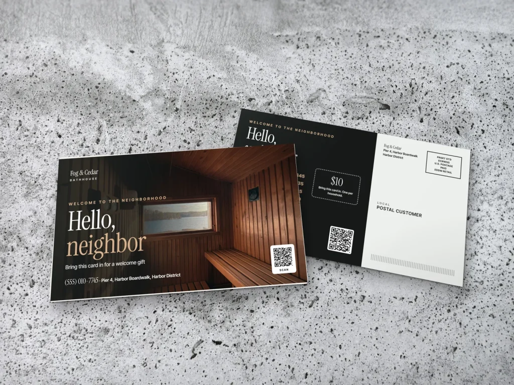 EDDM mailer template ED-03 for a spa: Fog & Cedar, sauna bench by the lake to welcome neighbors