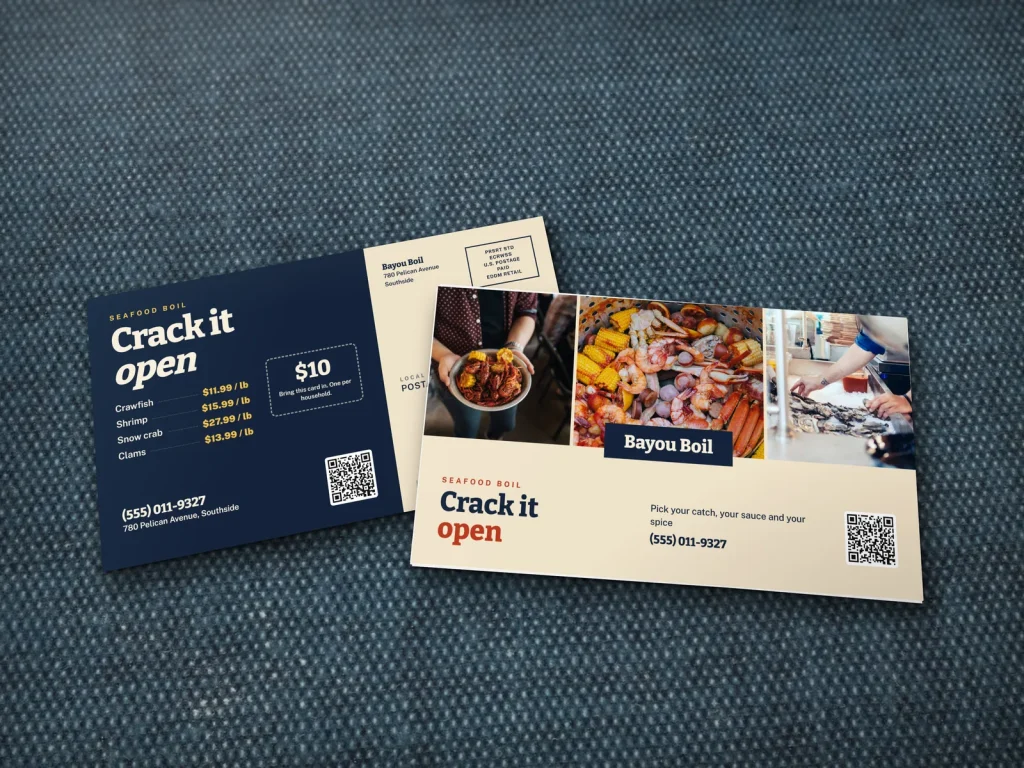 EDDM mailer template ED-04 for a restaurant: Bayou Boil, strip of three seafood photos with the name in the middle