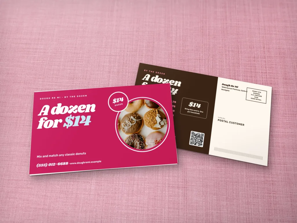 EDDM mailer template ED-05 for a bakery or café: Dough Re Mi, big pink type with donuts from above