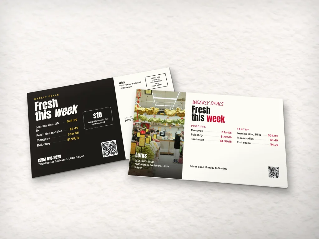 EDDM mailer template ED-06 for a shop: Lotus, produce aisle under lanterns with weekly prices